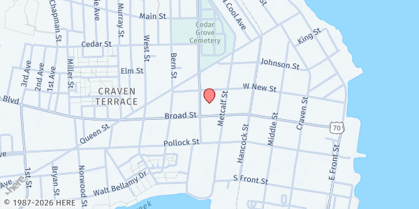 Map showing Tabernacle Baptist Church at 616 Broad St., New Bern, NC