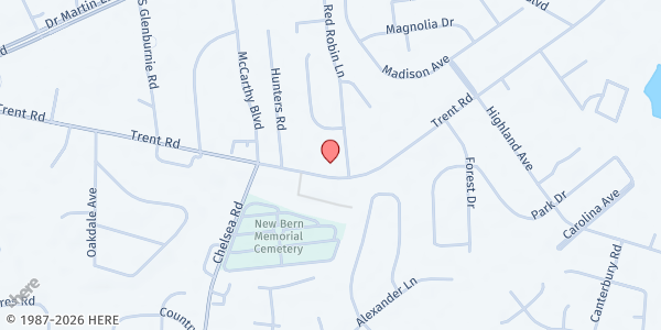 Map showing Word of God Christian Center at 3310 Trent Road, New Bern, NC