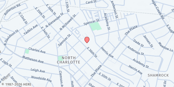 Map showing Spencer Memorial United Methodist Church - Food Distribution Center at 1025 East 36th Street, North Charlotte, NC