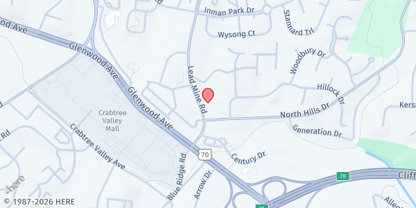 Map showing Crabtree Valley Baptist Church at 4408 Lead Mine Road, North Hills, NC