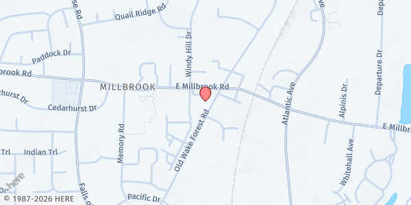 Map showing Millbrook United Methodist Church at 1712 East Millbrook Road, North Hills, NC