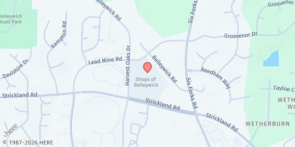 Map showing North Raleigh Ministries Food Pantry at 9650 Strickland Road, North Raleigh, NC