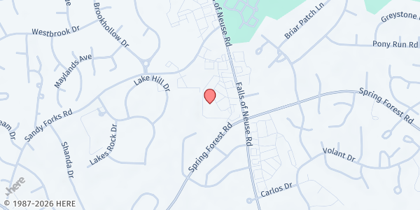 Map showing Raleigh Dream Center - Mobile Food Pantry at 6325 Falls of Neuse Road, North Raleigh, NC