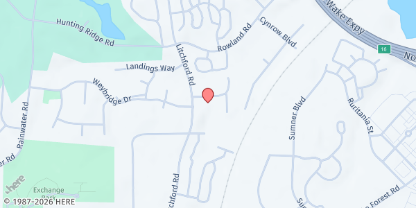 Map showing Raleigh Vineyard Christian Fellowship at 6894 Litchford Road, North Raleigh, NC