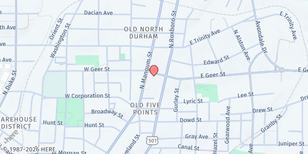 Map showing Urban Learning Gardens - Old Five Points at 110 East Geer Street, Old Five Points, NC