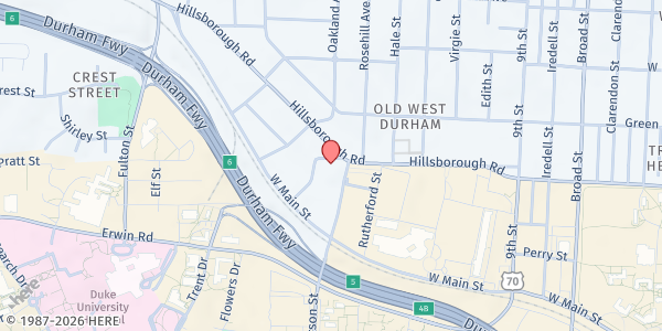 Map showing Second Mile Ministries at 2601 Hillsborough Road, Old West Durham, NC