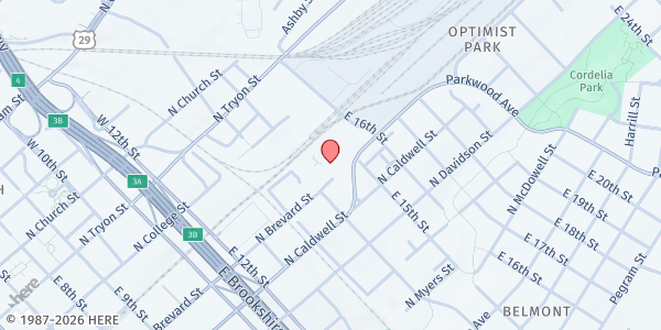 Map showing Optimist Hall at 1115 North Brevard Street, Optimist Park, NC