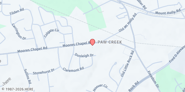 Map showing Thrift United Methodist Church at 8245 Moores Chapel Road, Pawtuckett, NC