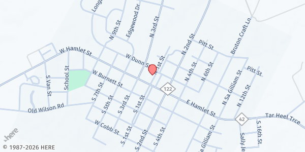 Map showing Holy Mission COGIC at 111 N. 1st St., Pinetops, NC