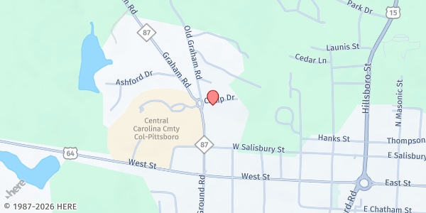 Map showing Chatham Outreach Alliance (CORA), Pittsboro Location at 40 Camp Dr., Pittsboro, NC