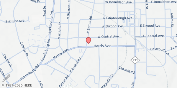 Map showing Mighty Men of Valor Ministries, Inc. at 318 Harris Avenue, Raeford, NC
