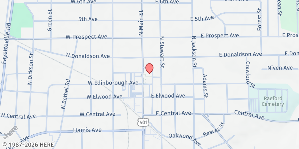 Map showing Raeford Christian Food Bank at 308 N. Main St., Raeford, NC