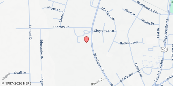 Map showing Raeford Evangelical Methodist Church at 379 W. Palmer St., Raeford, NC