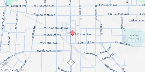 Map showing Tia Hart Community Recovery at 116 E. Elwood Ave., Raeford, NC