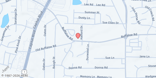 Map showing First Pentecostal Power Food Pantry at 3607 Buffalo Rd., Raleigh, NC