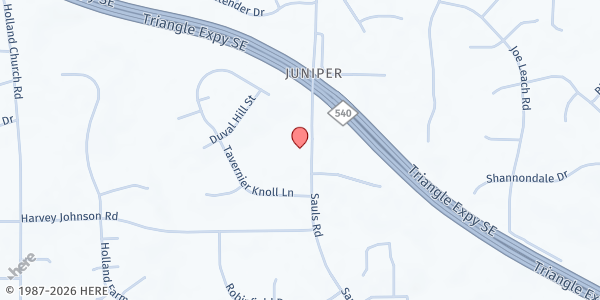 Map showing Juniper Level MBC at 9104 Sauls Rd., Raleigh, NC
