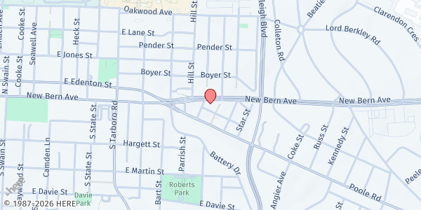 Map showing Lincoln Park Holiness Church Pantry at 1409 Cross St, Raleigh, NC