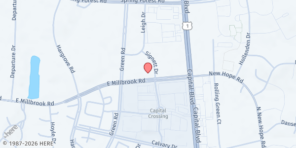 Map showing North Raleigh Ministries at 2809 E Millbrook Rd, Raleigh, NC