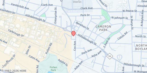 Map showing Pullen Memorial Baptist Church at 1801 Hillsborough Street, Raleigh, NC