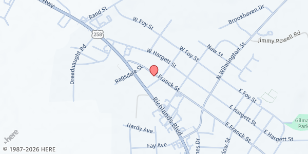 Map showing The Ecclesia Ministries at 303 E. Franck St., Richlands, NC