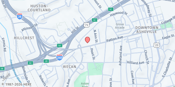 Map showing Western Carolina Rescue Ministries at 225 Patton Avenue, River Arts District, NC