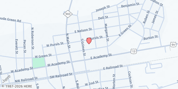 Map showing Catholic Charities Robersonville Community Center at 202 East Green St, Robersonville, NC