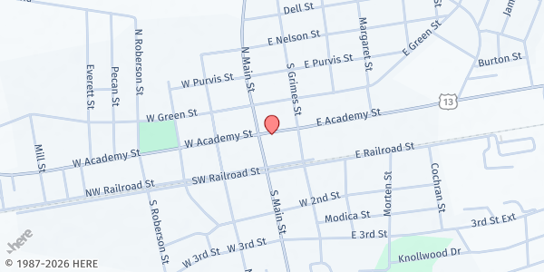 Map showing Faith Community Outreach Food Pantry at 103 East Academy Street, Robersonville, NC