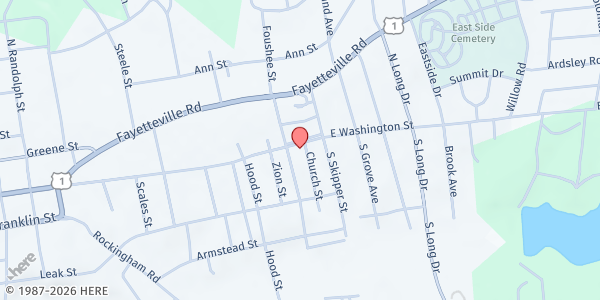 Map showing Christ Memorial Church at 1110 E. Washington St., Rockingham, NC