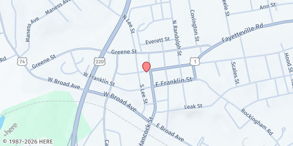 Map showing Crossing Red Sea Ministries/RAM in the Bush Food Pantry at 122 E. Washington St., Rockingham, NC