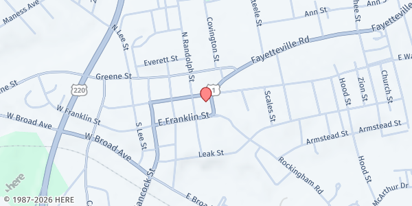 Map showing FUMC at 410 E. Washington St., Rockingham, NC