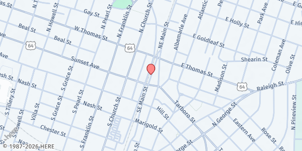 Map showing Church of the Rock - Assembly of God at 132 NW. Main St., Rocky Mount, NC