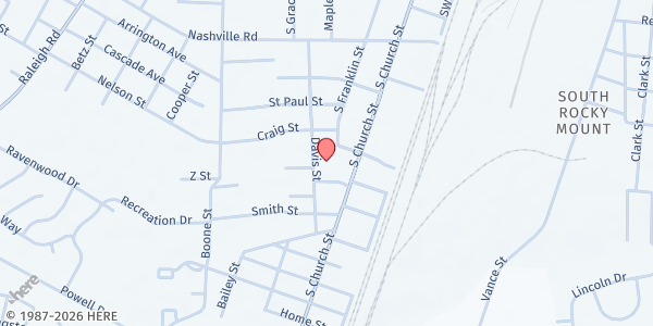 Map showing Church on the Rise Peacemakers Family Center at 1725 Davis St., Rocky Mount, NC