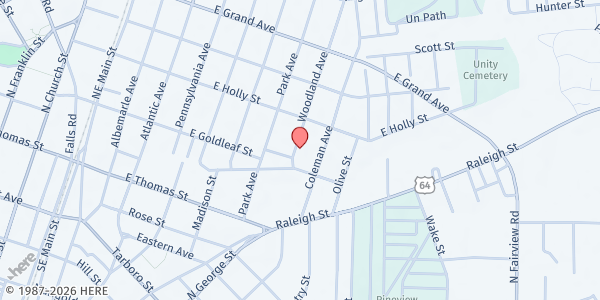 Map showing Willing Workers Miracle Taber. Holiness Church at 317 Woodland Ave., Rocky Mount, NC