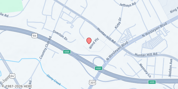 Map showing Word Tabernacle at 821 Word Plaza, Rocky Mount, NC