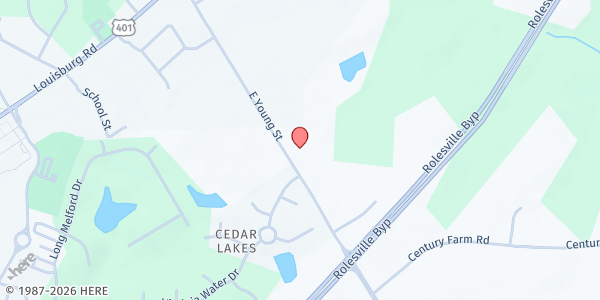 Map showing New Bethel Baptist Church at 605 E. Young St., Rolesville, NC