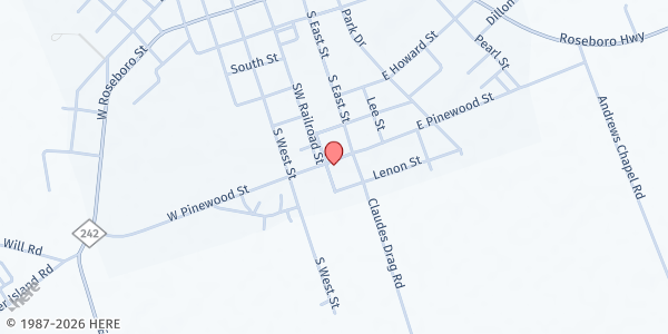 Map showing Revival Deliverance Ctr Inc at 101 E. Pinewood St., Roseboro, NC