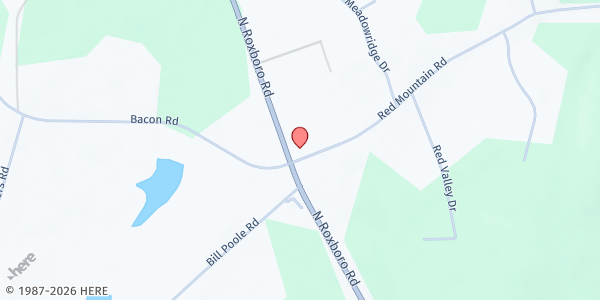 Map showing Rougemont Food Pantry at 105 Red Mountain Rd., Rougemont, NC