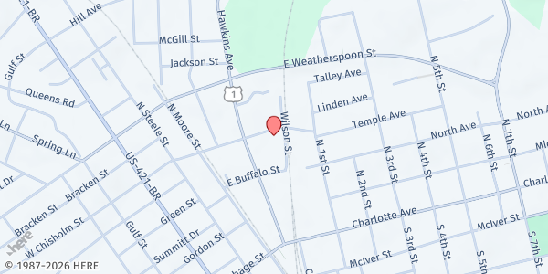 Map showing Bread Basket/Sanford Soup at 140 E. Chisholm St., Sanford, NC