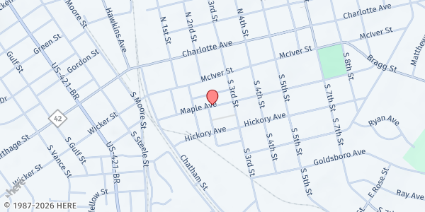 Map showing Bread of Life Ministries of Sanford at 219 Maple Ave., Sanford, NC