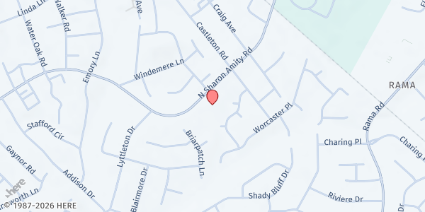 Map showing Shalom Adonai Church of God at 1148 North Sharon Amity Road, Sherwood Forest, NC