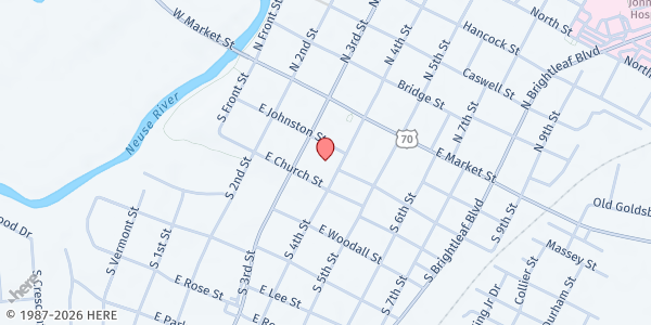 Map showing First Baptist Church at 202 South 4th Street, Smithfield, NC