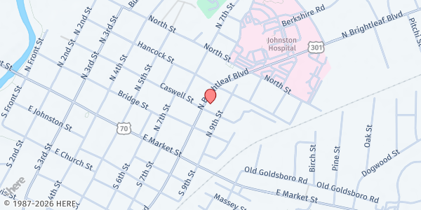 Map showing Johnston County Salvation Army (Smithfield Corps) at 306 North Brightleaf Boulevard, Smithfield, NC