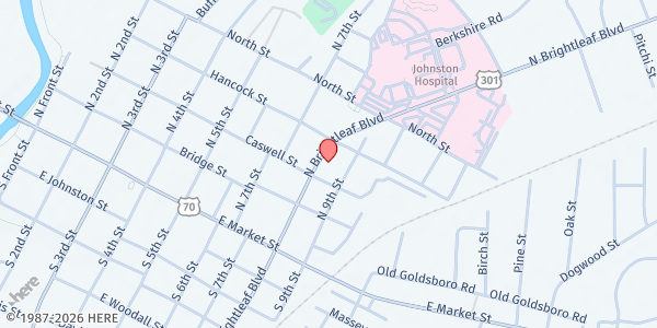 Map showing Salvation Army-Smithfield at 306 N. Brightleaf Blvd., Smithfield, NC