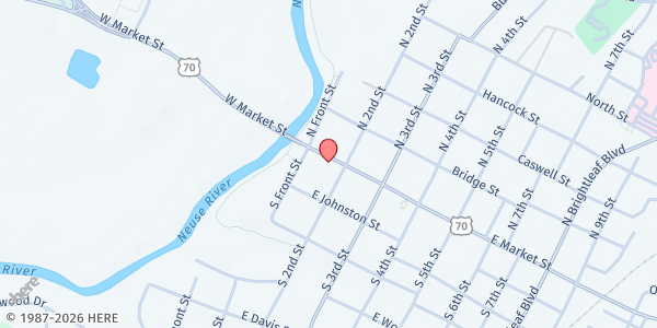 Map showing Smithfield Area Ministries Food Closet at 140 East Market Street, Smithfield, NC