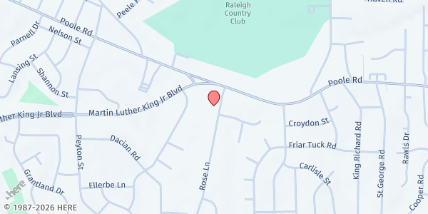 Map showing Greater Pentecostal F.D. Food Pantry at 414 Rose Lane, Southeast Raleigh, NC