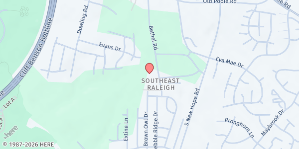 Map showing Praise Worship Tabernacle at 1516 Bethel Road, Southeast Raleigh, NC