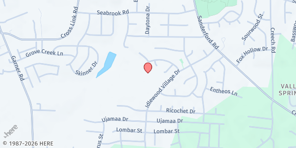 Map showing Upper Room Church of God in Christ at 3300 Idlewood Village Drive, Southeast Raleigh, NC