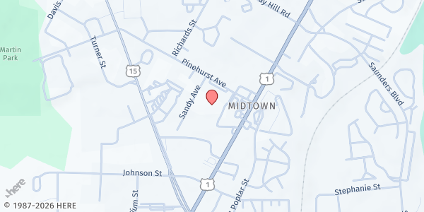 Map showing Food Bank CENC at Sandhills at 195 Sandy Ave, Southern Pines, NC