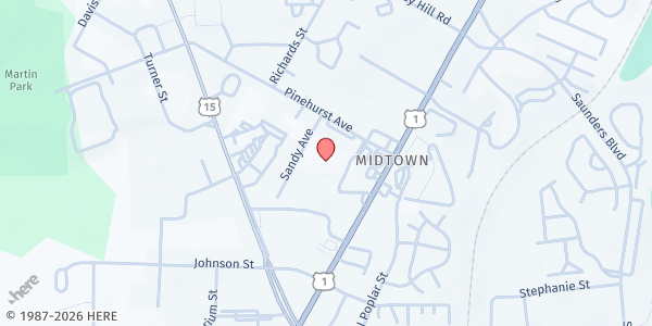 Map showing Sandhills Branch of the Food Bank of Central & Eastern North Carolina at 195 Sandy Ave., Southern Pines, NC