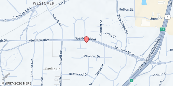 Map showing Church Of God Of Prophecy Raleigh at 5005 Western Boulevard, Southwest Raleigh, NC